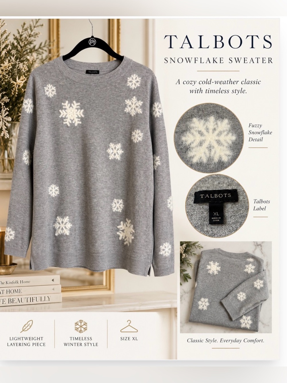 Talbots Gray Crewneck Sweater with White Fuzzy Snowflake Motif | Size XL